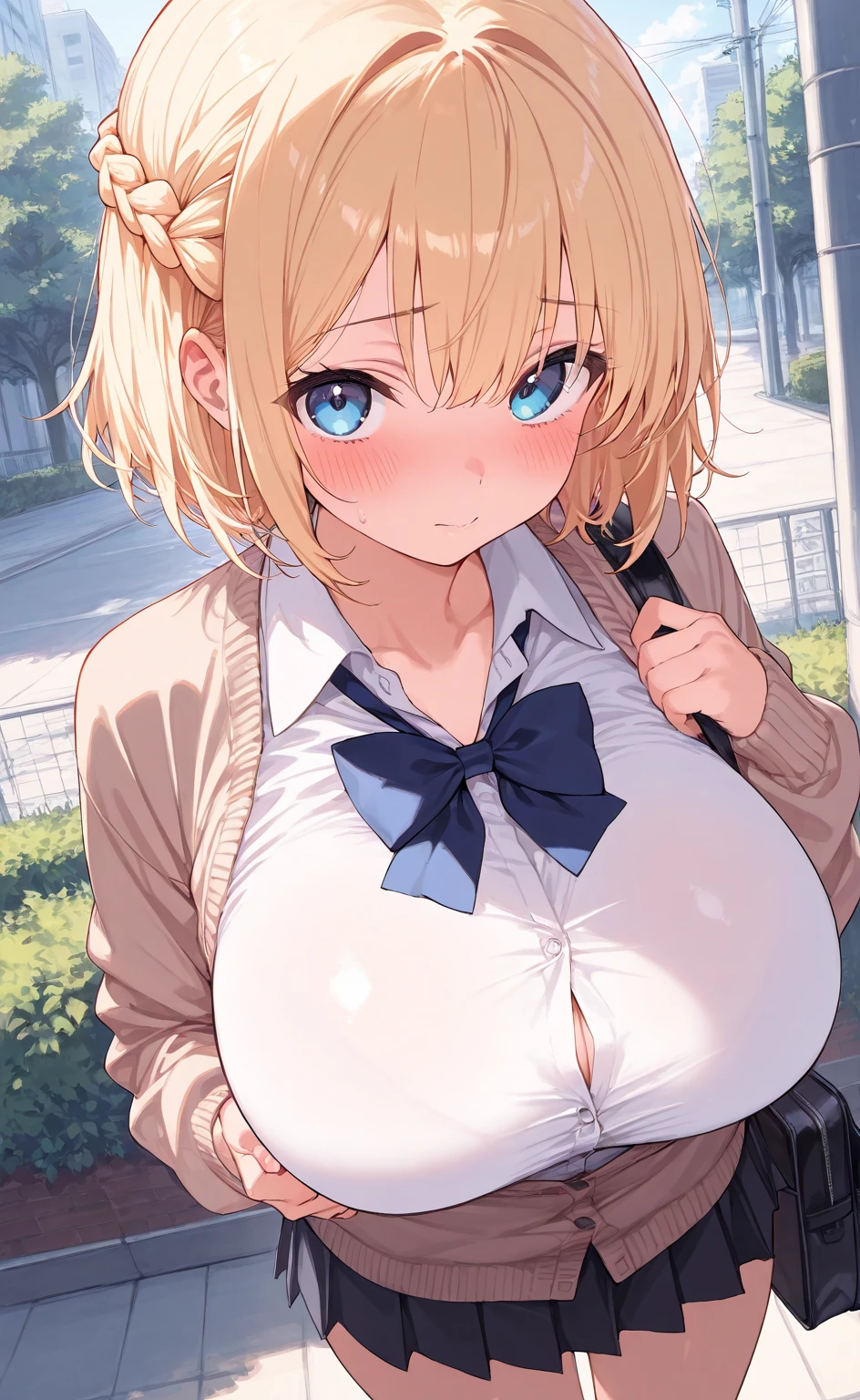 独奏、(Sailor suit summer uniform、Navy Pleated Skirt、Navy blue micro hort sleeve white shirt、Navy Blue Ribbon)、(Big Breasts、slim、Slimming、Muscular、Beautiful Abs、Bare thighs)、Blue Eyes、(I opened my mouth slightly、Sexy look、Blushing)、(Blonde、Shortcuts)、NSFW、high school girl、high school、classroom