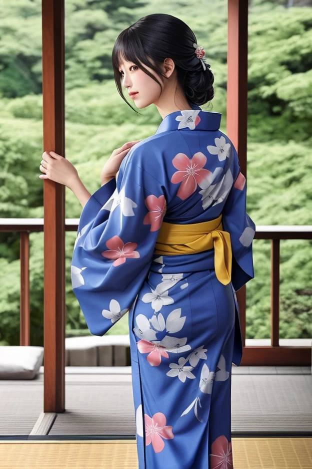 ((Highest quality, 8K, masterpiece :1.3)), (Sharp focus :1.2, Beautiful woman with perfect figure :1.4, Slim Abs :1.2), (Small breasts:1.3)), ((Big Ass:1.5))、(PhotoRealistic:1.4), (Realistic:1.4), (short hair, Light brown hair:1.5), Highly detailed face and skin texture, fine grain, double eyelid. Makeup Face, A little bit of lipstick, ((Beautiful woman wearing light blue yukata:1.3)) 、Butt facing up、bend over