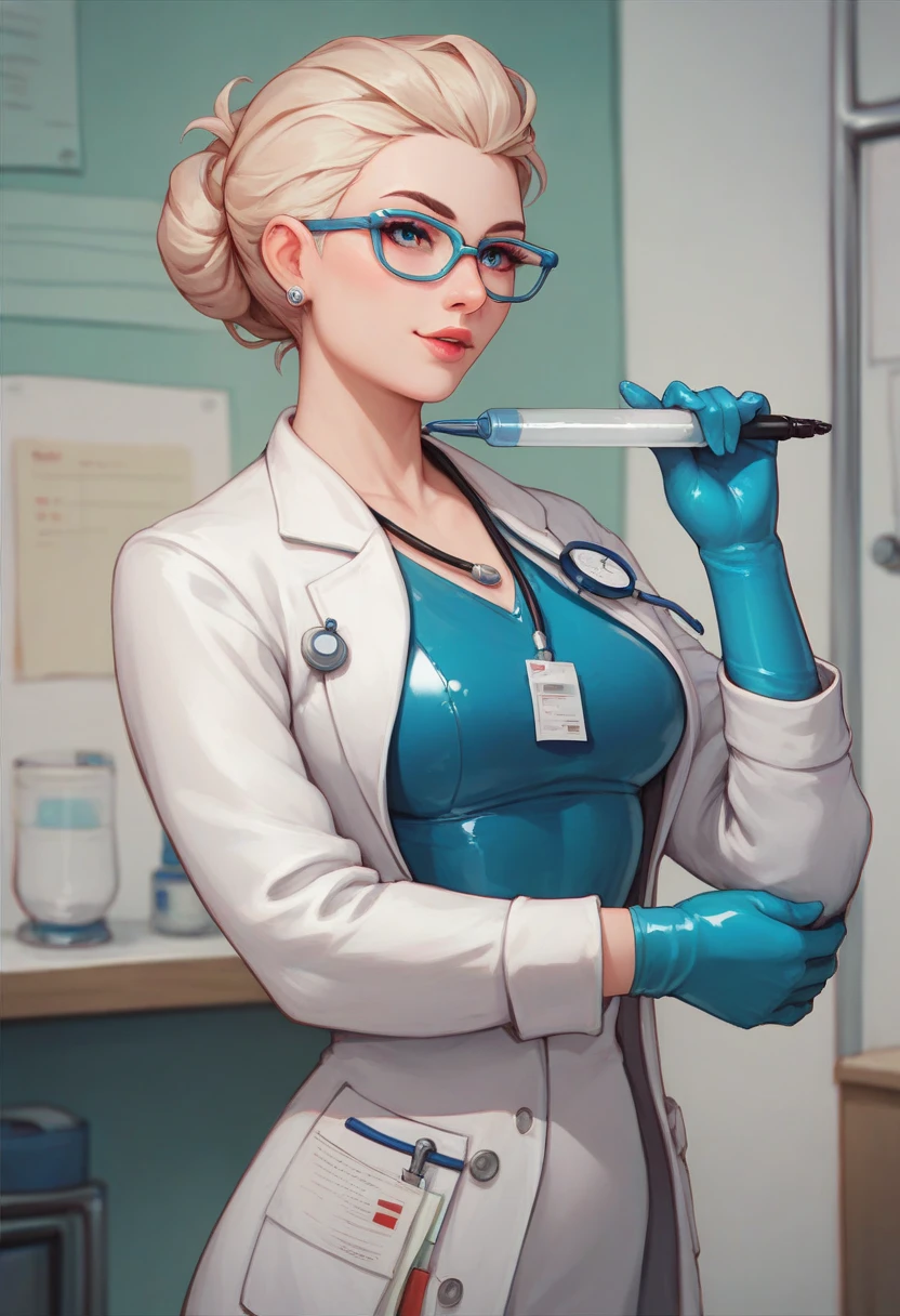 Illustration, detailed illustration, ultra-detailed, 68 year old woman, gray buzz cut, thinning hair, blue eyes, glasses, wrinkles, sitting in chair, hospital, iv in arm, horny smile