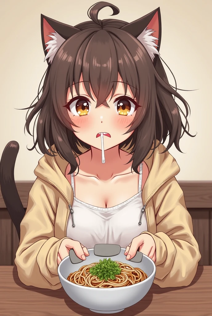 Highest quality, High resolution, 1.female, Smiling face Delicious Lying face Black eyes Cute Looking down Naked Small breasts Short hair, Black Hair, (Dog food:1.2), Whole body, face, dog food, from below
