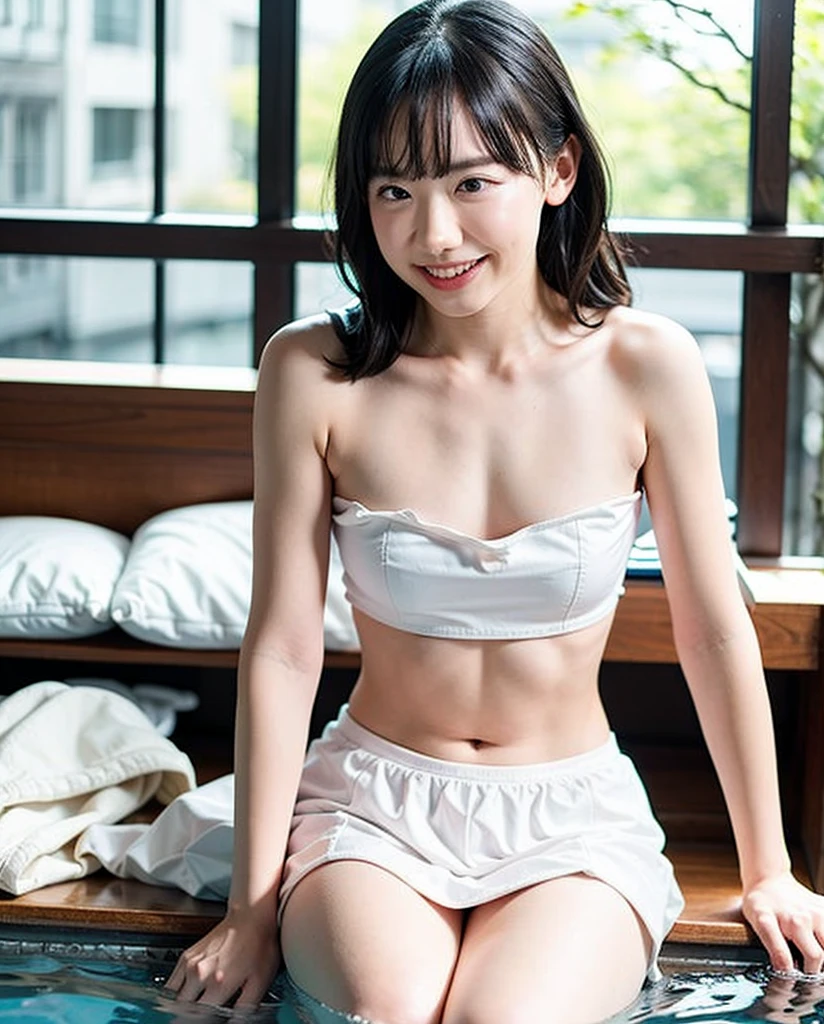 (8K、RAW Photos、Highest quality),One Girl, Short hair to the shoulders,Black Hair,smile, summer, Night Room,bed,Beautiful areola,Dignified face,Look at this,Slender body,front,All Nude,Fair skin, Soft Light, Structure of the film, Like in the movies