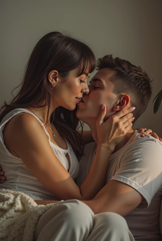 crete real image where A 24 year old boy wears black dress and a 23 year old girl wears white T-shirt and shorts. Lovely is written on the girl's t-shirt and Rupesh is written on the boys t-shirt. Girl sleeping in bedroom and boy kiss girl boobs