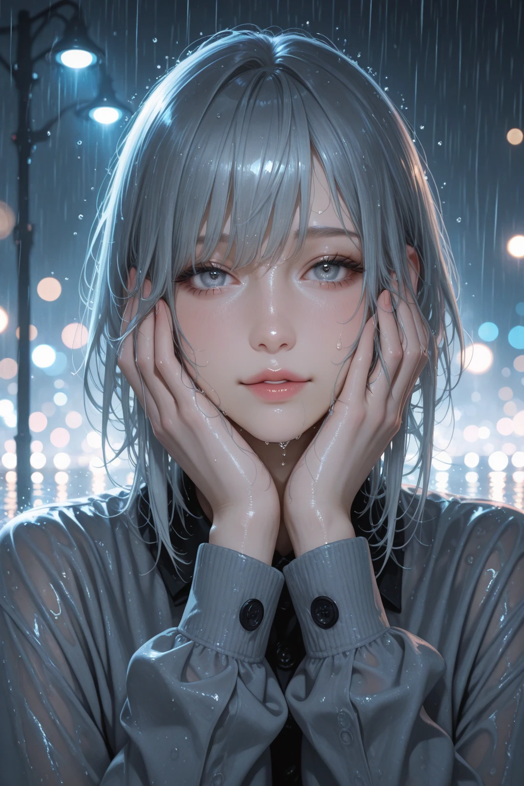 A young woman standing in the rain, her wet hair clinging to her face and neck. She looks directly at the viewer with an expression of calm sadness or quiet reflection. Raindrops fall gently around her, blurring the background into soft, dreamy bokeh lights. Her clothes are soaked, the scene bathed in cool blue and grey tones. Emotional, cinematic lighting, photo-realistic, 4K detail, masterpiece portrait style --ar 3:4 --v 5