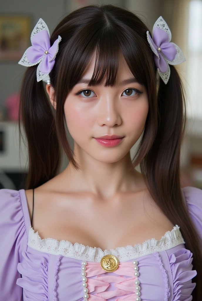 1girl, naked, animal ears, purple eyes, brown hair, wings, solo, long hair, blush, cat ears, flowers, looking at viewer, braids, bows, dresses, pink flowers, bows, hair accessories, bangs, cats, hair flower, animal ear hair, holding, virtual youtuber, blue bow, holding animal, catwoman, stuffed toy