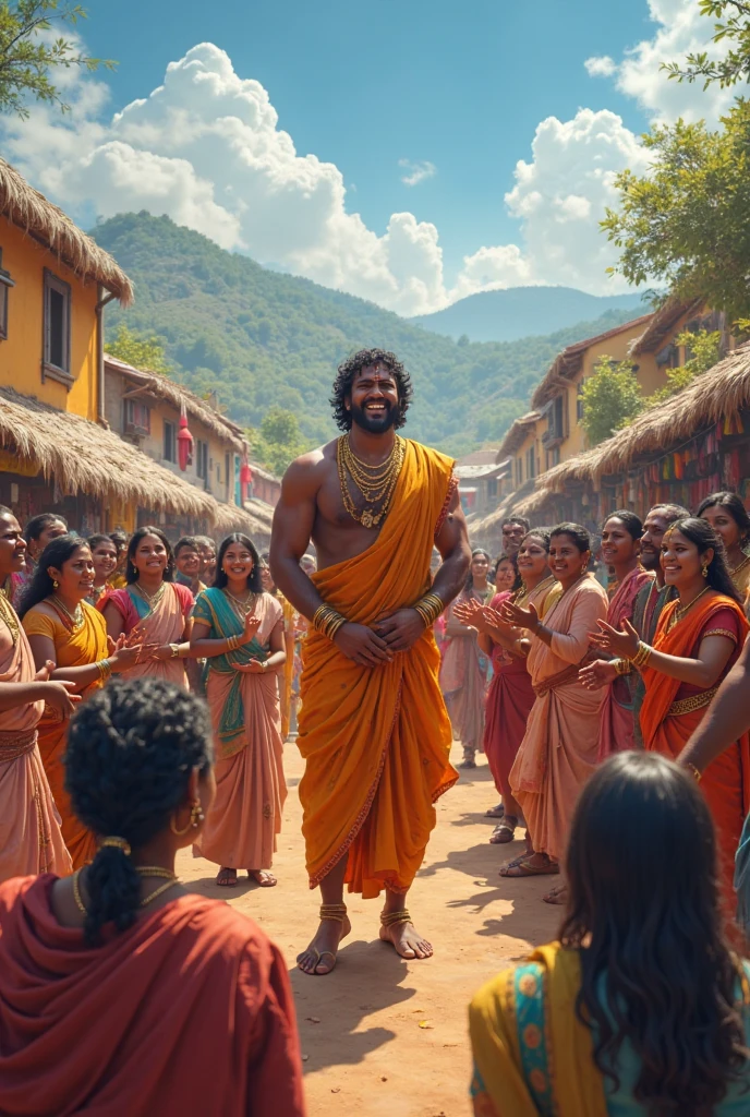 illustrate a moment of an indian naked political leader walking confidently down a parade route, totally undressed, Behind him a procession of royal attendants and musicians follow, all smiling, clapping and cheering, while a child standing separately, pointing to the king's nakedness, standing in front of him with a look of innocent truth.