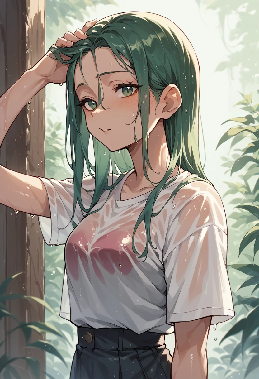 score_9, score_8_up, score_7_up, high resolution, 1girl, looking at viewer, beautiful face, detailed pupils, depressed, light green hair, low twin braids, wispy bangs, dark purple eyes, flat chest, covered nipples, bronze sleeveless shirt, god rays, strawberry background <lora:eroiroe_PonyXL_style_v01:1>