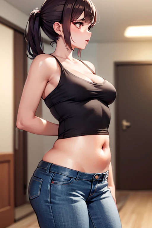 (Masterpiece, Photorealistic, high resolution), ((1girll):1.2), teenage girl, (Grey Fishnet crop tank top, denim Booty Shorts, Unzipped Jacket(medium of breast):1.2, thighs), Lying on the bed, , Sexy curves figure, Intensely blushing. Lying on bed, Cameltoe, Stockings, Hot juicy Lips, sleep style or position, holding breasts. Road to Ninja Movie Hinata version, Unzipped shorts chain, Cute Adorable little Panties are revealing. Long hair, Painted Lips