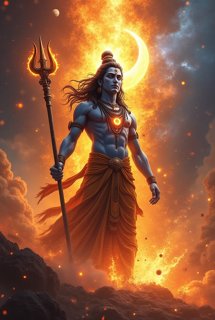 Lord Shiva opening his third eye, and from it, a fiery and radiant Sudarshan Chakra emerges. The Chakra is spinning rapidly, surrounded by flames and energy. Shiva’s face is calm yet powerful, and the surroundings are illuminated by the intense light of the Chakra.