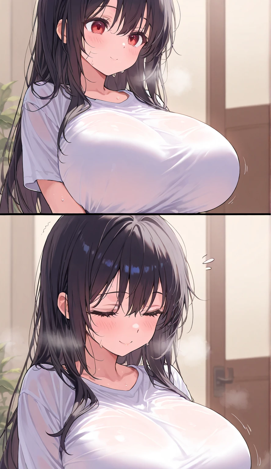 realistic anime art style,(tareme:1.3),(curvy body),black curly hair,(trembling:1.8),(flying heart shapes:1.1),(white sweater),clothed,(unpretentious clothed mature woman touched by boy in crowded train),(sweaty),breast grab,nipple through,mature face,(anguish and blushed:1.3),look at viewer,(full body shot),(ahegao),orgasm