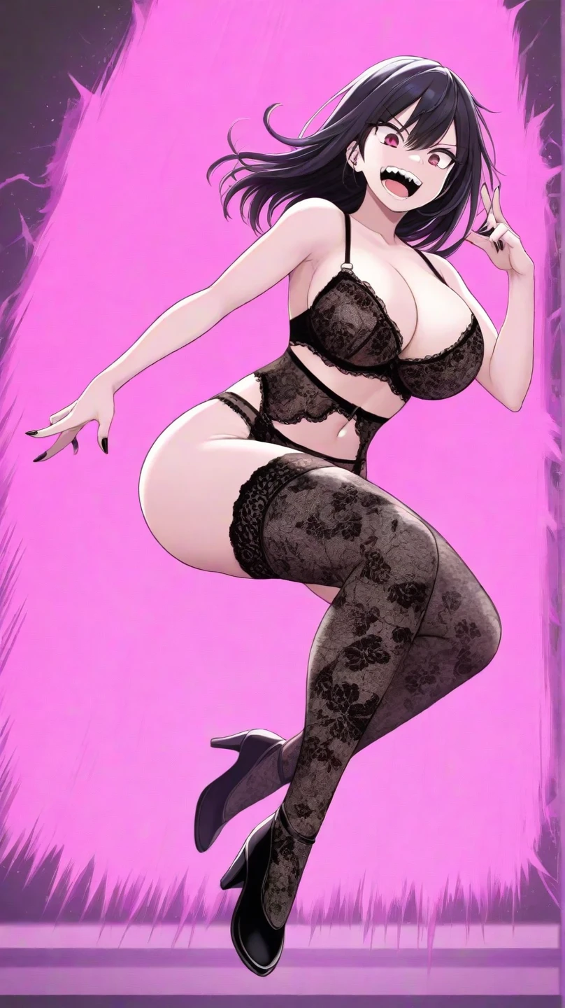 one girl, short very curly purple hair with dark purple strand, glasses, two-piece black color lace flower theme swim outfit, simple detaled, lovable, no background, dynamic pose,, full body ,detaled feet,short blouse with fishnet, flowers