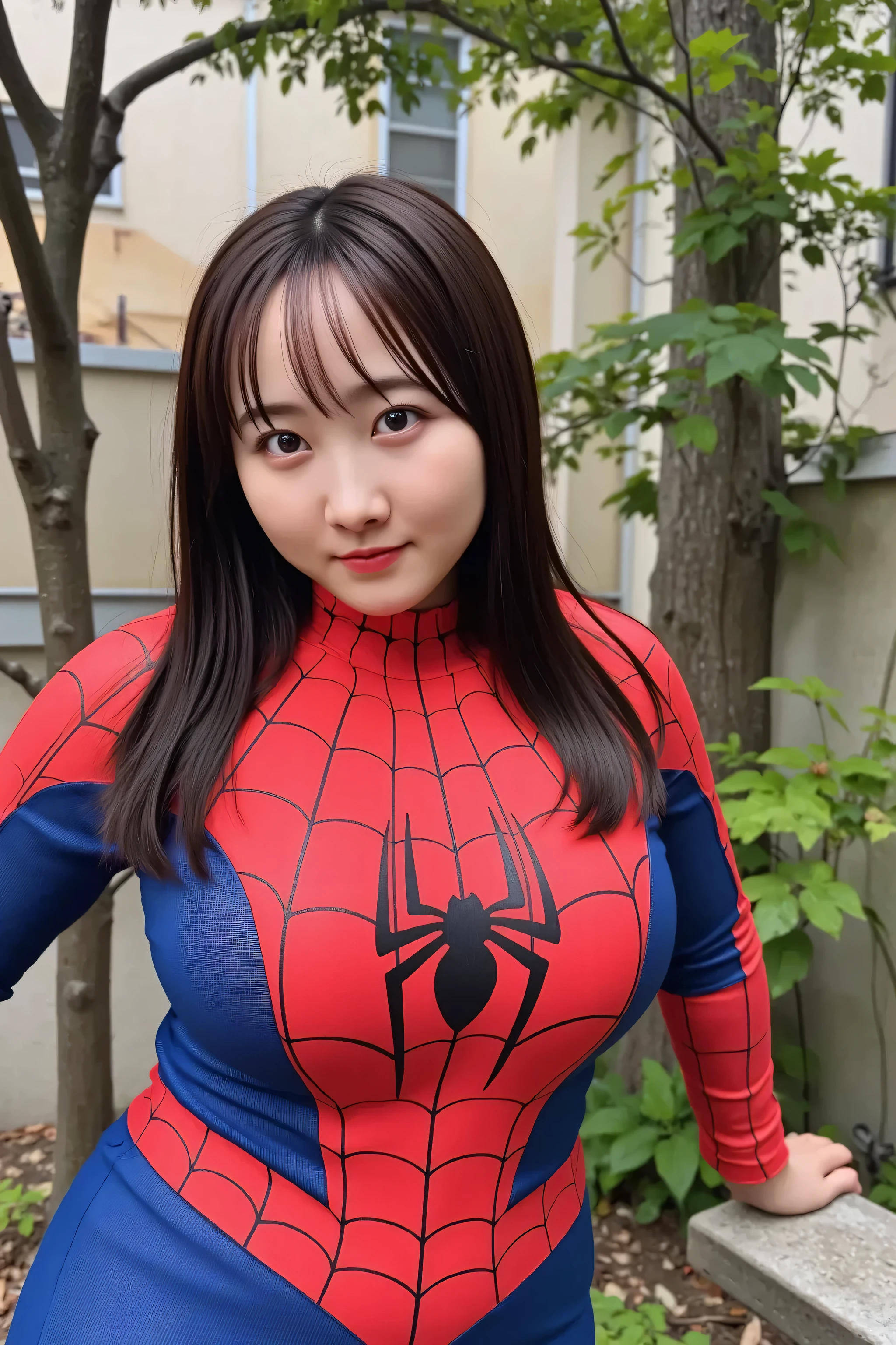 Full-figured body, Plus-size woman, Spider-Man, Peter Parker, NSFW, 1 girl, (cleavage cutout : 2.5), realistic cleavage, (She is wearing nothing but a highly detailed, realistic, skin-tight rubber Spider-Man suit with a plunging neckline. : 1.9), (Deep Cleavage : 1.9), (plump and curvy body : 1.8), Full-body shot from a moderate distance, looking at the camera, sensual, Voluptuous Style,