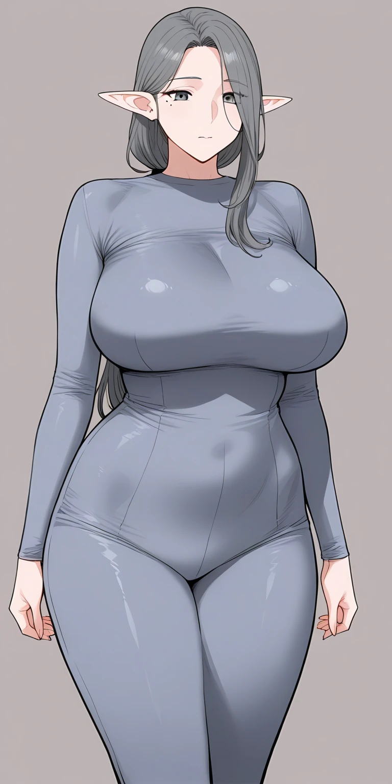 ((masterpiece)), ((ultra-detailed)), ((best quality)), ((chromatic aberration)), 1girl, random hair, makeup, black eyeliner, eyelashes, looking at viewer, (large breasts:1.3), expressionless, wide hips, thighs, legs, nude, nipples, pussy, curvy, feet, standing pose, simple background, knee-socks,