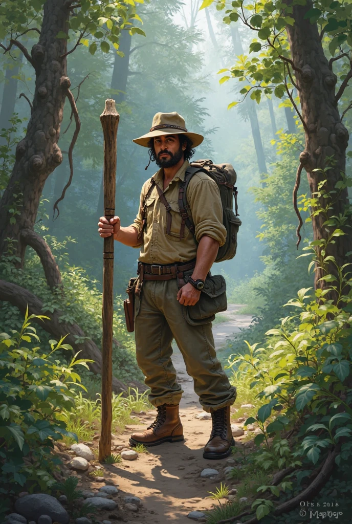 A middle-aged man with vicissitudes, Spear in hand, Hunt a brown bear in the jungle