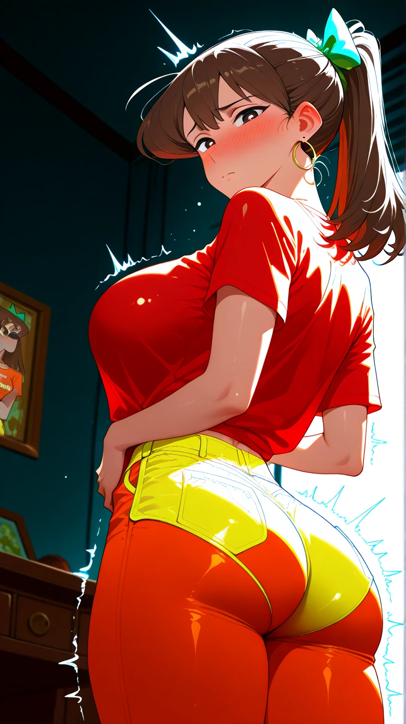 (Highest quality:1.2, Manga works, Very detailed, up to date, Vibrant, digital coloring, High Contrast, masterpiece:1.2, Highest quality, Best aesthetics, There is), ((( 1 female:1.2))), Random hairstyle、Black Hair, Black Eyes, (White T-shirt、Cute white panties:1.2)、 Crew neck T-shirt、Beautiful thighs, Voluptuous bust、Big Ass、Back view、(sit:1.3)、View from directly behind the buttocks、On the flooring、(Pussy juice:1.3)
