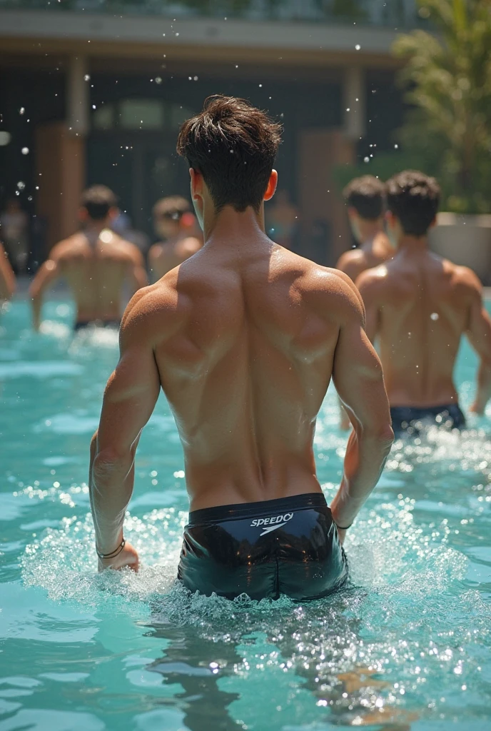 full length picture of a young muscular Asian Korean man, white skin, lying in the water and looking into the camera with a serious expression on his face, wearing micro black thong, on a beach background, fully naked, lying on his stomach, laying back, backward to viewers, showing huge male butt, round muscular ass, bubble butt, tight ass, back view, naked, you can see his beautiful big round butt,Masterpiece,8K