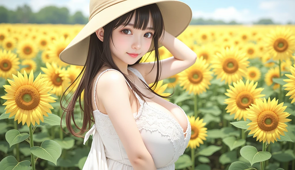 1 girl, face detailed, wide picnic hat, neckleace, leaning forward, field of yellow flowers, Mountain chain, ssmile, blush, long brown hair, White lace underwear, bracelet, gigantic breastss, tCao Caos, (better_品質, work of art:1.2), (Cao Caoly detailed), (4K, 8k, ultra HD, Cao Cao_resolution, Cao Caores),