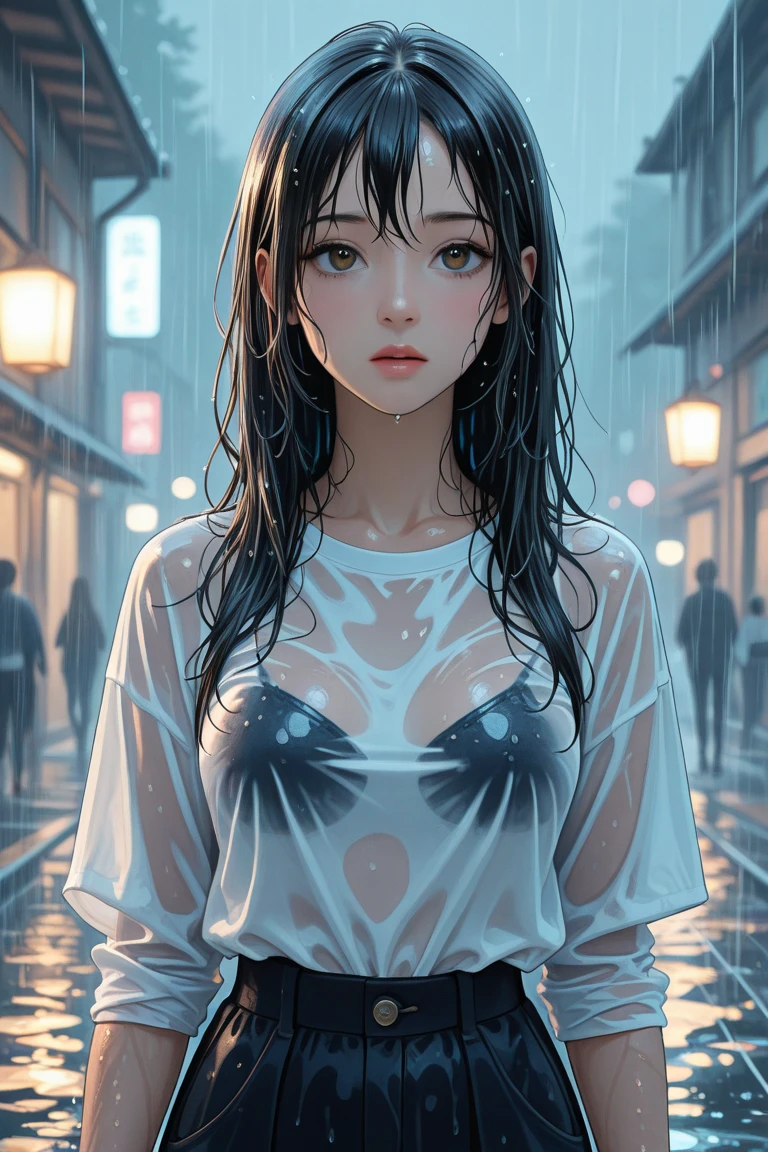 (Best quality, 4K, tmasterpiece :1.Beutiful women, 1 Sister, (, attractive body :1.2), Abs :1.1, dark brown  hair: 1.1, (rainy wet, wet from rain, Soaked :1.2), The face  very detailed, detailed lips, detailed eyes, double eyelid