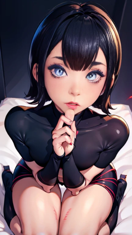 (cum on clothes:1.3), Masterpiece, extra high resolution, ultra -detailed, Beautiful European girl, black hair, short bob cut, Amazing blue eyes, White Skin Skin, red-lips, blushful, gentle look, sorceress, Amazing face, The Amazing Mavis Dracula, realisti, Black Dress, striped socks , Beautiful, the perfect body, Striped Thighhighs, Bulma, (on your feet:1.2)