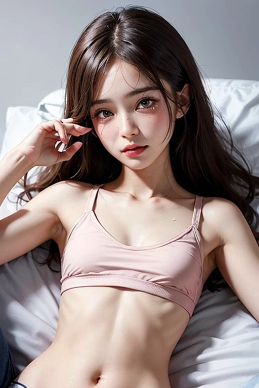 1 woman, good, chest, split, closed eyes, Lips, long hair, dehisce, picture_\(middle\), pink_good, pink_shorts, realistic, sleeping,  , alone, Stuffed animals, plush doll, Teddy Bear, underwear,(masterpiece),(picturerealistic: 1.3), nfsw, very detailed, (detailed skin: 1.2), (best quality: 1.0), (ultra high resolution: 1.0 )