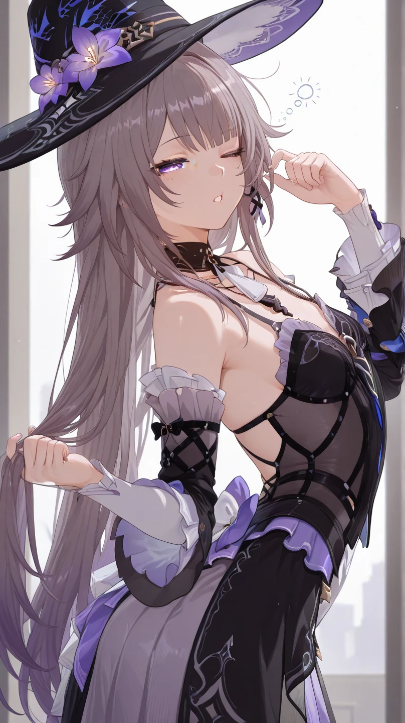 Beautiful Keqing from Genshin Impact in lingerie,strapless bra,bare belly,gloves extending to elbows,choker,collarbone