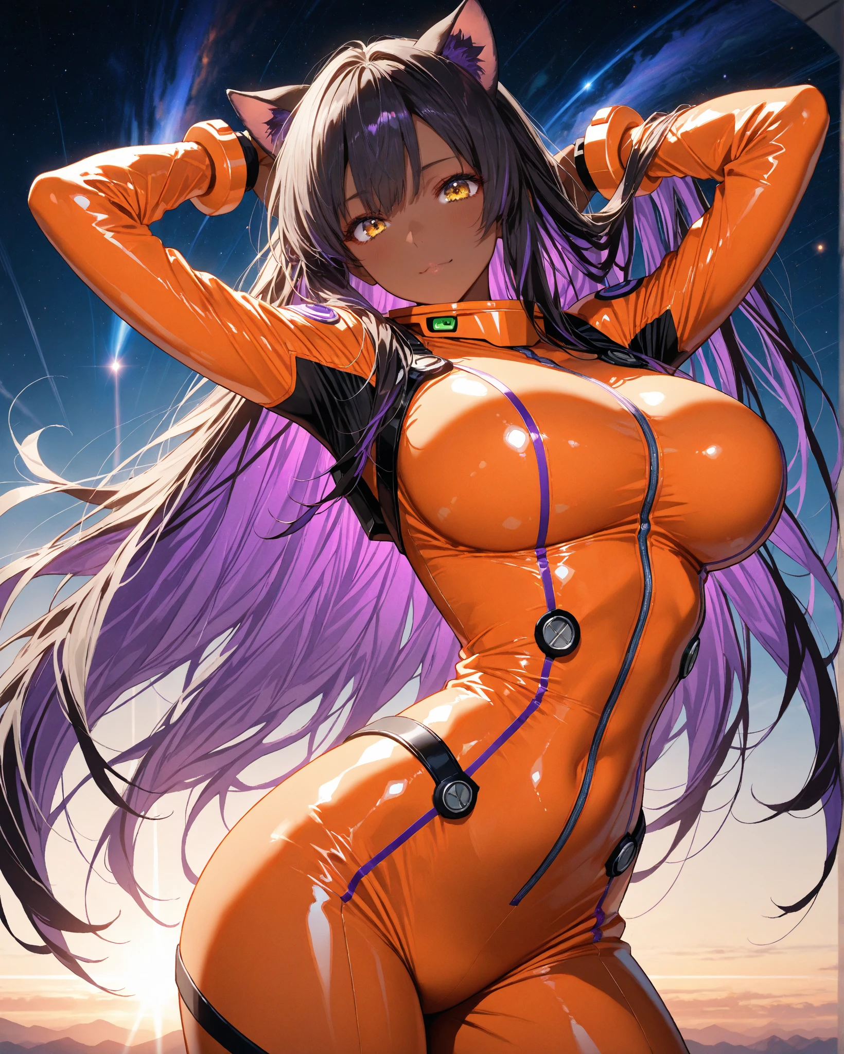 (High resolution:1.4)、(High resolution:1.4)、Beautiful girl alone、 Kneeling with one knee raised, he aimed the laser gun.、Dirty Pair、Yuri、、 View your viewers、smile,、Large Breasts、gloves、 belly button、 Cleavage、 Green Eyes、 Earrings、Shorts、 stomach、Crop top、 Clothing cutouts、 Cleavage cutout、 yellow gloves、