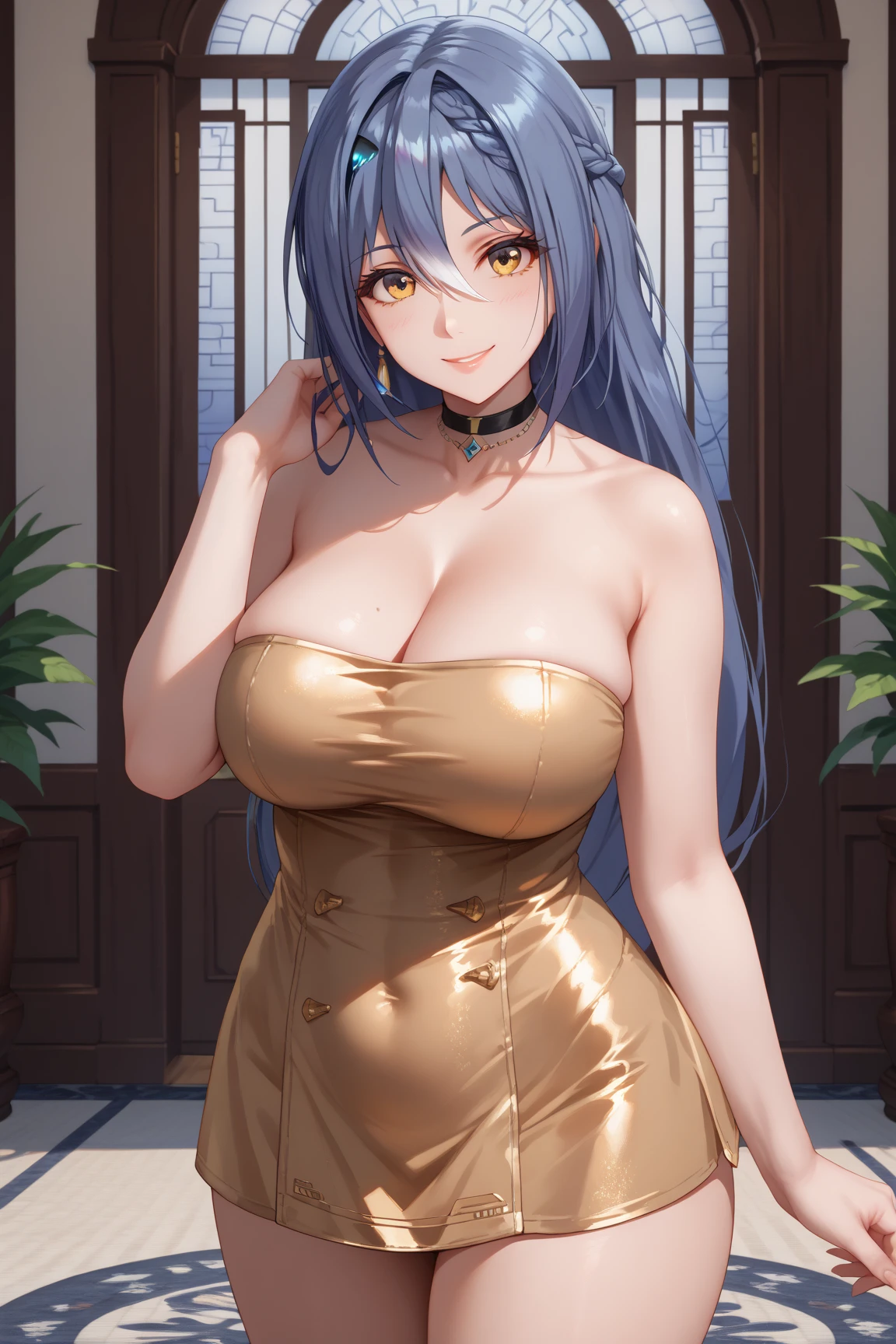 top-quality、Top image quality、MejiroArdan、​masterpiece、girl with((20yr old、Best Bust、big bast、Bust 85、Breasts wide open、A slender、Large valleys、Gold Bikini、Gold Dress,Leaning forward、Reflecting the whole body)）hiquality、Beautiful Art、Background with((Luxury Hotels、Golden Chain、Window with night view)))masutepiece、visualart、depth of fields、