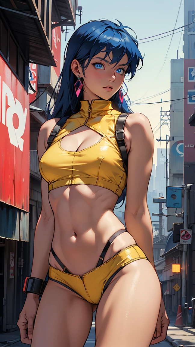 Yuri from The Dirty Pair, , wearing a tight outfit, light sage uniform, skimpy, medium breast, (long hair), dark blue hair, long smooth hair, beauty, cyberpunk city background, holding retro space-gun, cleavage, slim waist, slim thighs, thigh gap, (light yellow uniform), show belly