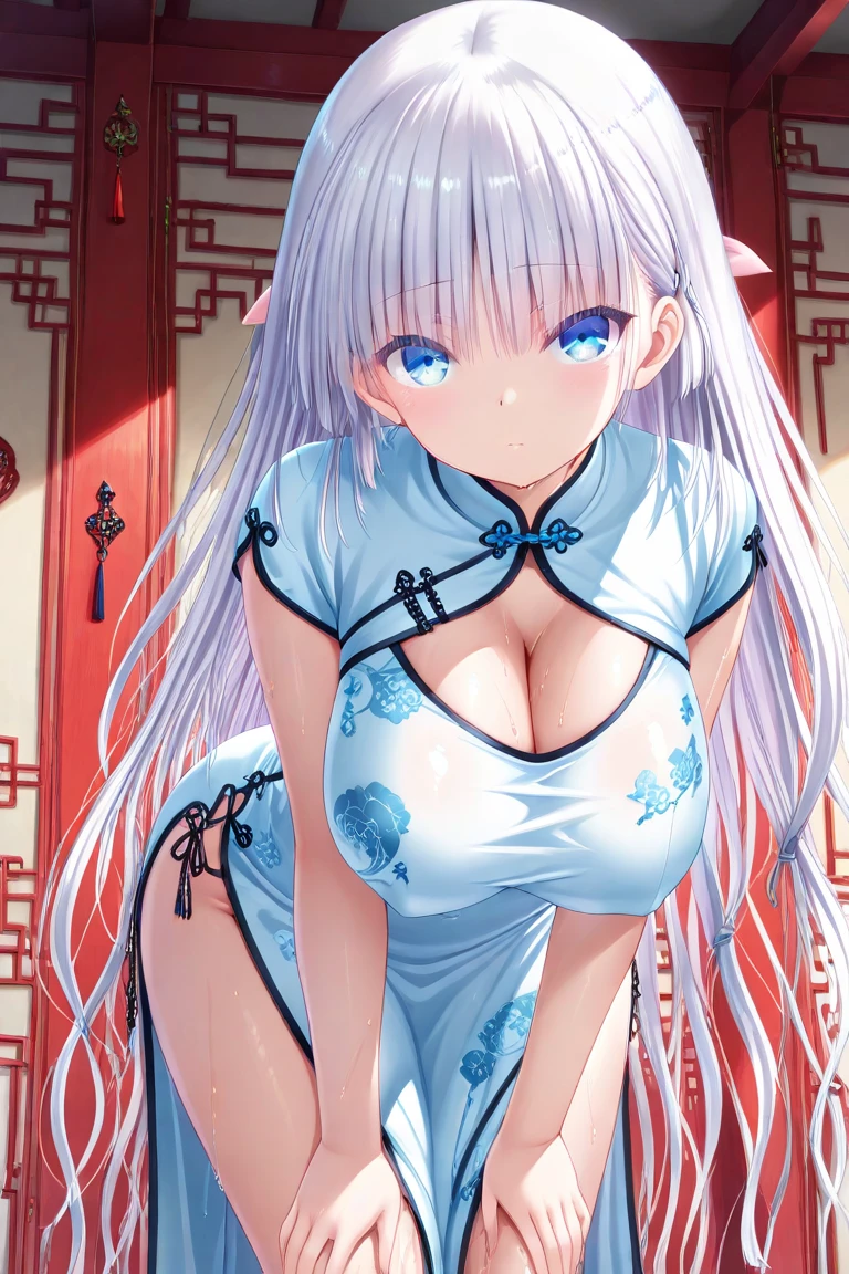 masuter piece, Best Quality,extremely details CG,figurine,foco nítido,光沢のあるプラスチック製のfigurineドール, Crying face,girl in a transparent box, Slender big,Breasts out,Silvery hair,Wet skin,thin waist,light blue skeleton minidress,sitting on, Beautiful legs,Toy store background,dark,spot light,
