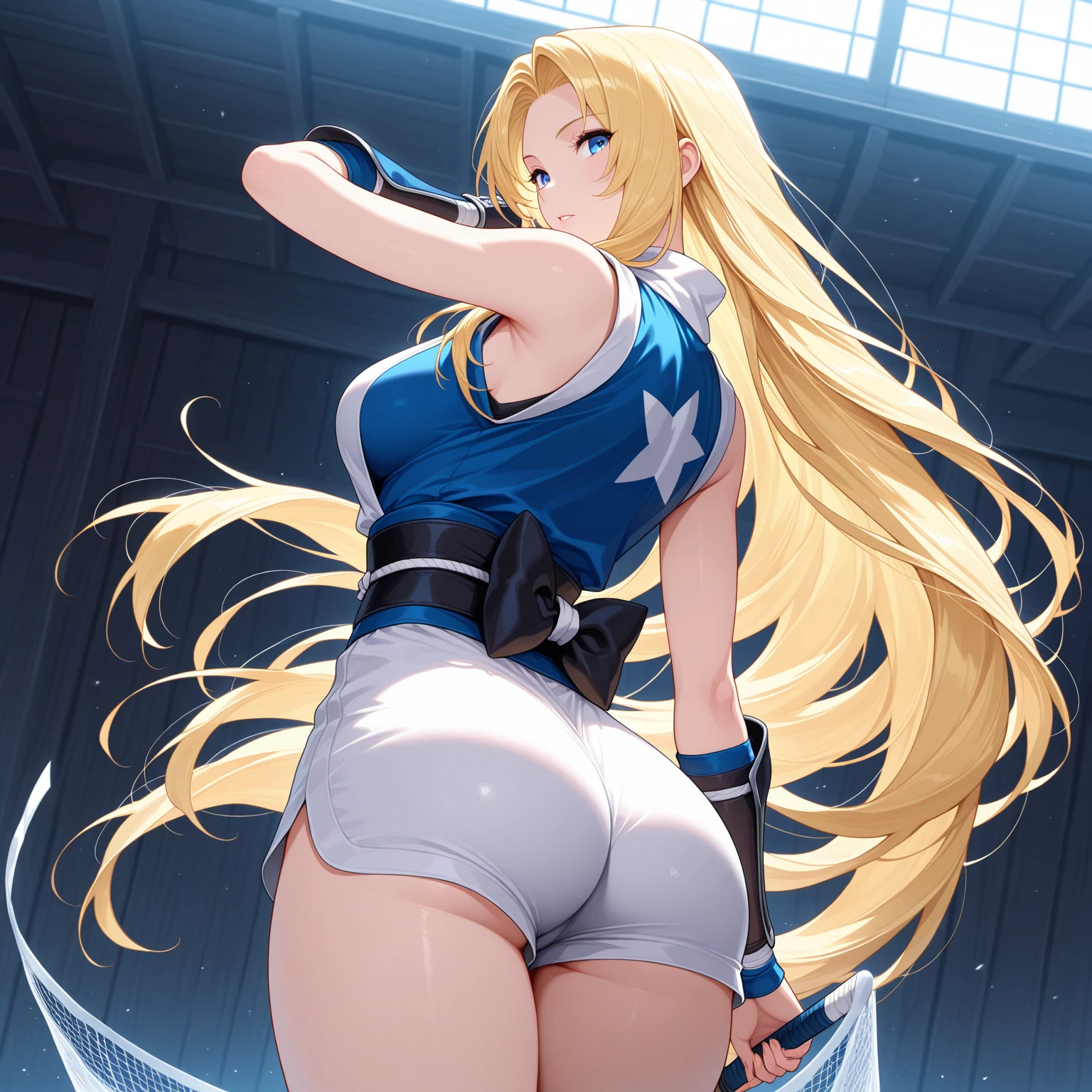 Very detailed、highest quality、Best image quality、masterpiece、8k、Sparkling Blue Eyes、Anime Face、A kind smile、Open Mouth、(Blonde long hair:1.5)、(SFW Giant)、Rear View、Cowboy Shot、(White Thong:1.5)、(Muscles of the whole body)、Horn、ckundies