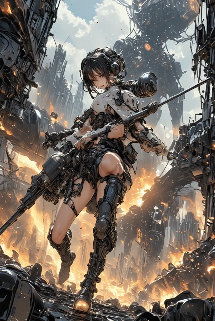 (three-quarter dutch angle camera angle shot:1.37), krenz cushart and Hajime Sorayama style, somber screen overlay, contrasting shadows, enhance and contrast where the colors meet, epic realism, ultra detailed, dark gradients, metallic gradients, visually rich digital illustration of a young woman (1.45m height), she is a bio-engineered hybrid cyborg, wielding an oversized mechanical chainsaw like Warhammer over her shoulder, long dark gray hair with white shimmering highlights, heterochromia, red and white metal eyes, otherworldly, dystopian, small bundles of wires jaggedly ripped from mechanical knees and elbows, debris, charcoal stained metals, soot stained skin, flames, let the viewer know that this is war, (((warrior))), dark and eerie, sci-fi, oppressive environment and mass destruction, mechanical high rise metallic buildings, (subject within the rule of thirds:1.56), intricate details, subtle colors, fantastical realm, extremely detailed, ultra sharp focus, scattered light particles, impressive attention to detail, vast open world, grandeur and awe, cinematic, foreign planet, stunning visual masterpiece, bright exposure, photorealistic, cinematographic scene, highest quality, 32k, octane render, (dynamic motion), dynamic pose, somber feeling, ww1 vibe, boundless details, full body, high refraction, high reflection, melted skin where the charcoal stains meet, whole body, (white reflections), samyang 35mm (FX Full-Frame) 100mm f/32.0 3.00m