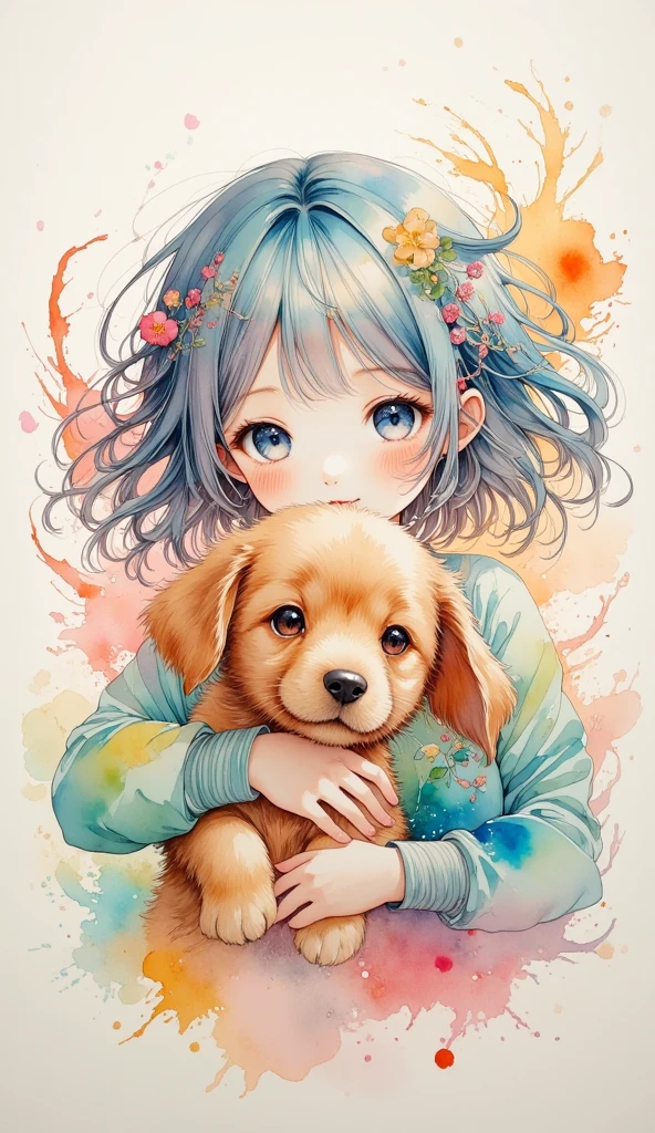 high detal、hyper-detailing、Ultra high resolution A cute and innocent girl，Gamine，Holding a puppy in his hand，warm sun sprinkling on her，It adds to the playful atmosphere，Girl with blue hair，Two-dimensional style，watercolor paiting，White young