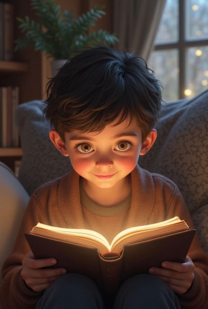 A kid reading a fantasy books and you can see the emotions in his face