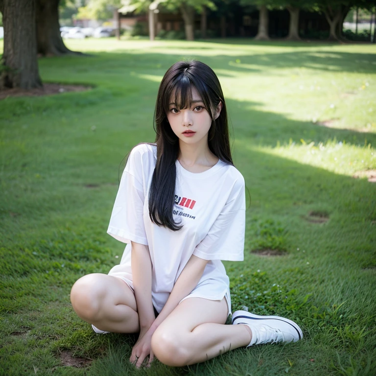 Knees，Pleated miniskirt，white  shirt，A 12-year-old girl，An amusement park，A dark-haired，Medium Bomb，tense