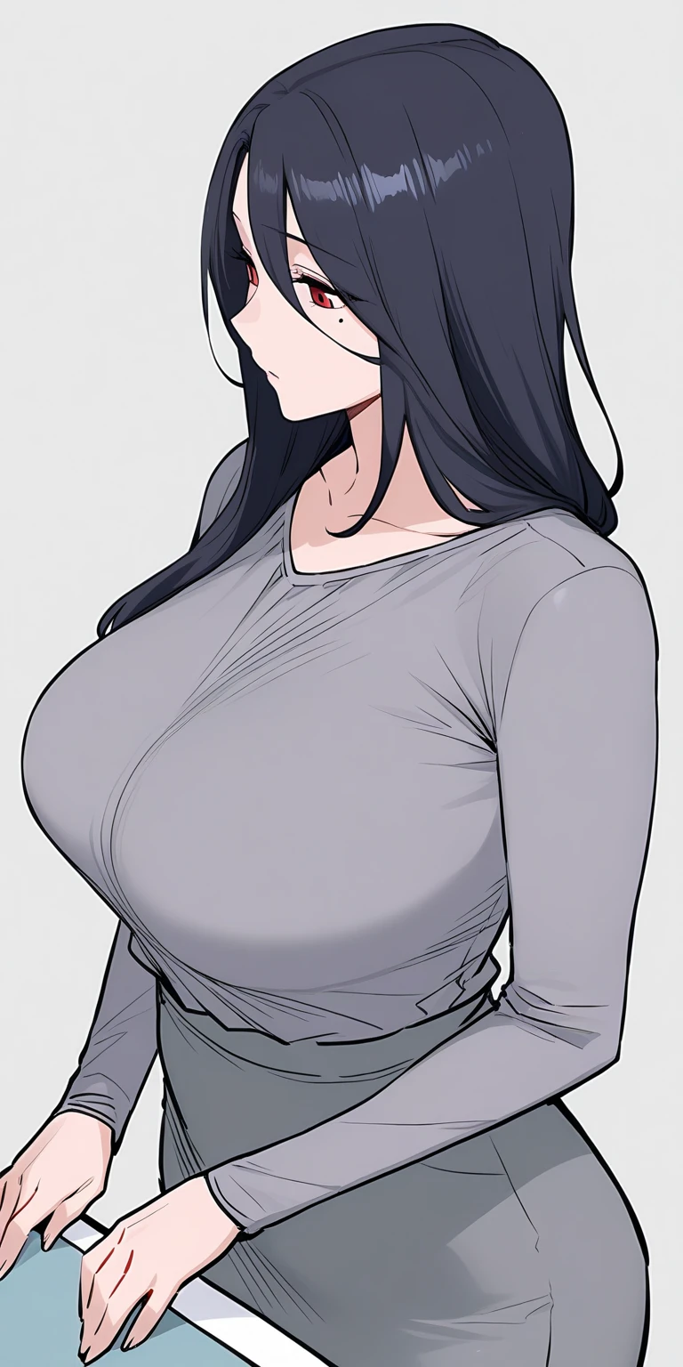 1 milf, long black hair, very big breasts, wearing glasses, smiling lewdly 