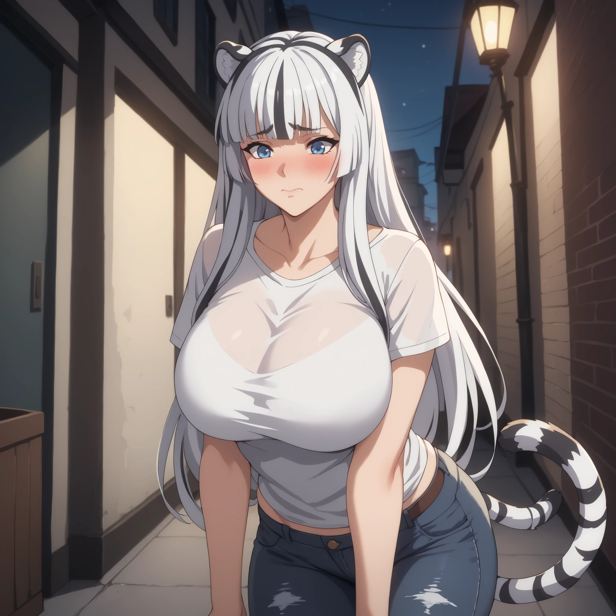 25-year-old Aliya, bicolor white hair with black stripes . straight bangs, white tiger hair, detailed blue eyes, white tiger ears rounded on its head, shy and nervous , blush, curvy figure and big breasts, white tiger tail, black t-shirt, denim pants,, Background an alley of a city at night.