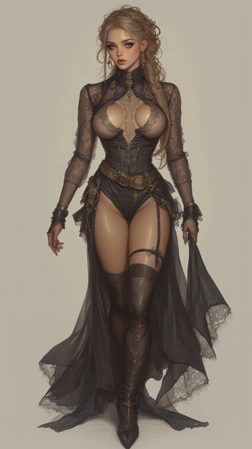 (masterpiece, realistic:1.3), (extremely intricate:1.2), (photorealistic:1.4), (extremely delicate), (ultra realistic:1.3), (hyperrealistic 3d render), highly detailed, illustration, fantasy, absurd res, magazine cover, a woman doing tempting pose, sexy poses, standing, (full body shot:1.2), (simple background:1.2, white background), perspective, 1girl, milf, mature woman, extremely detailed face, nice detailed eyes, perfect eyes, seductive eyes, perfect hands, detailed fingers, beautiful detailed eyes, brown eyes, long pony tail hair, looking at the viewer, from below, from front, from back, (multiple views), character turn around with same cloth, charturnerv2,
Generate an amazing, best quality masterpiece, Guardian of nature, adorned with floral wreaths and surrounded by animals, Charmer, Tall, Skinny, Oval Face, Fair Skin, Light Brown Hair, blue Eyes, Short Nose, Pouty Lips, Receding Chin, Shoulder-Length Hair, Straight Hair, Long Curly Hair, small breasts, , light pink satin lipstick, Assemblage, elegant, Machine, Grunge,
earrings, lace choker, gigantic breasts, cleavage, narrow waist, abs, long legs, slim legs, stockings, thighhighs, high heels, <lora:as_matureElfBodyShaped_mix2:1>, as, gao,