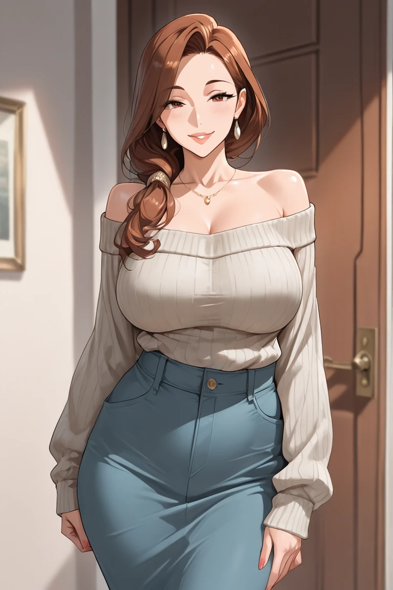 One woman ,short wavy hair ,red lipstick,face makeup,mole under right eye, tassel earrings, perfect mature body,cleavage, turtle neck white sweater,pants,brown hair,legs, heels,navel