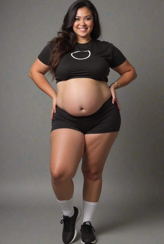 German emo brunette girl, wearing black crop top sport bra and black thong, pregnant belly