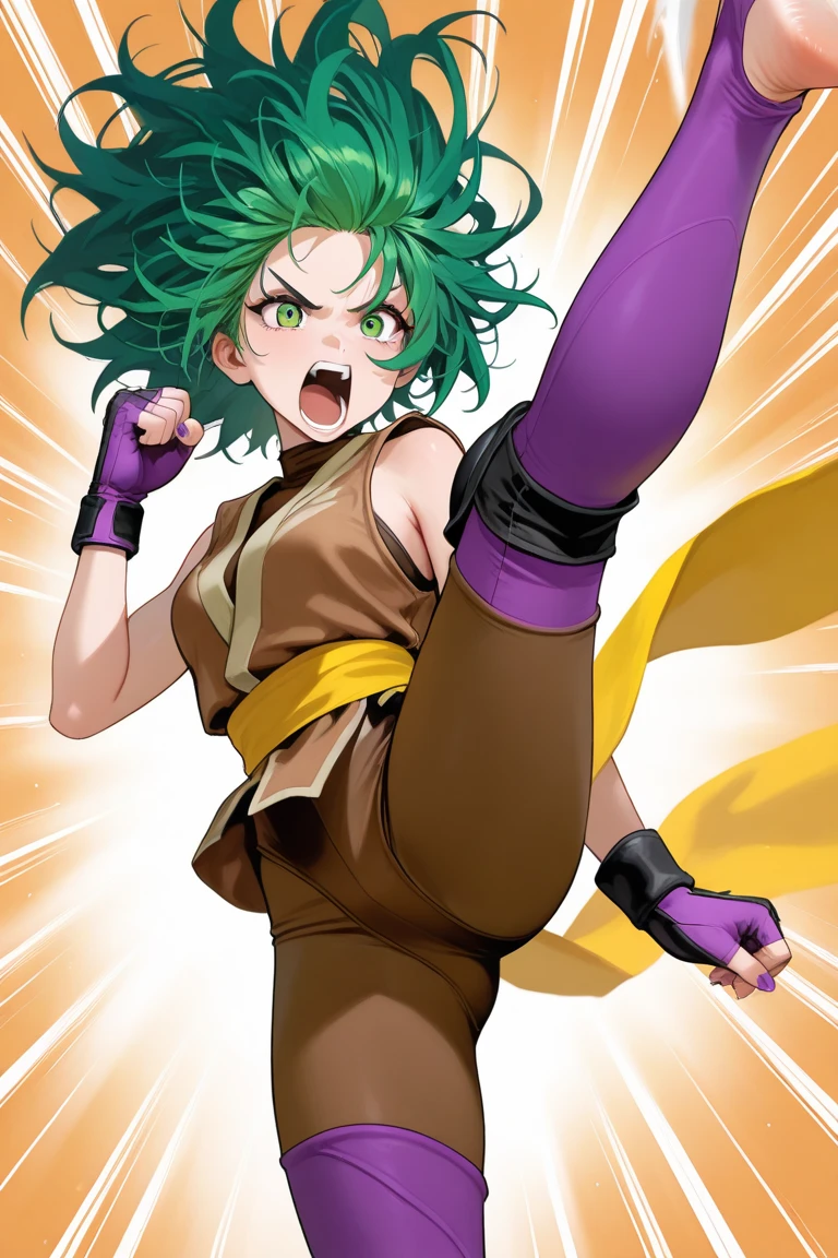 a girl, saiyan, super saiyan, spiky, green eyes, ripped muscles, thin waist, wide hips, saiyan clothes, dragon ball z universe, brown skin color, medium breasts, thick thighs, (she would be raising her ki and if transforming into super saiyan), super saiyan hair