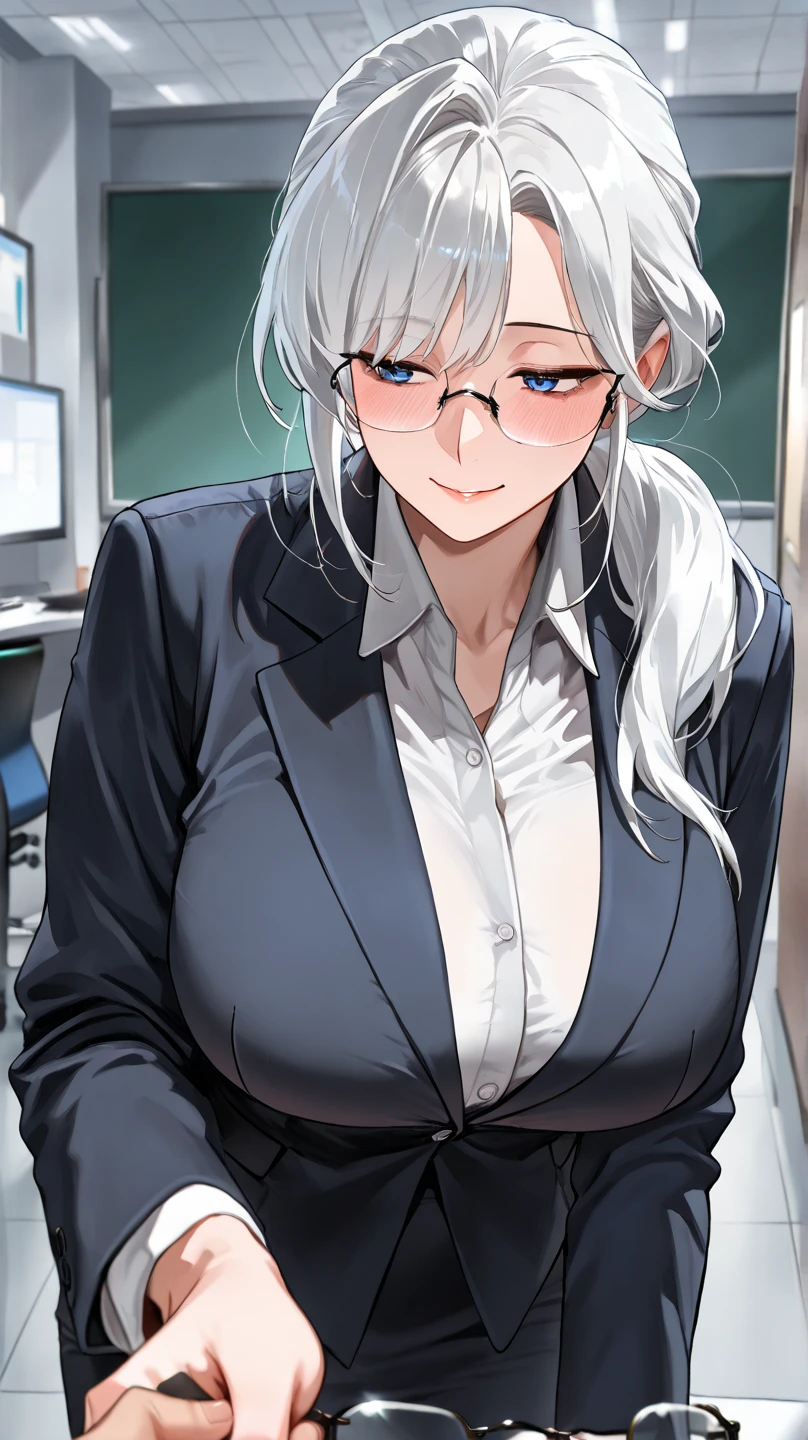 green eyes,gray hair,Glasses,(sensitive smile:1.2),cleavage,Office Lady,secretary,red frame glasses,bangs,(big breasts:1.5),looking at the viewer,((masterpiece)),((highest quality)),perfect anatomy,8k uh,highly detailed face,shiny and glossy,((1 girl)),((alone)),(detailed and beautiful eyes:1.5),perfect image,turn your arms behind your back,slim waist,shiny hair,office room,Purple long hair