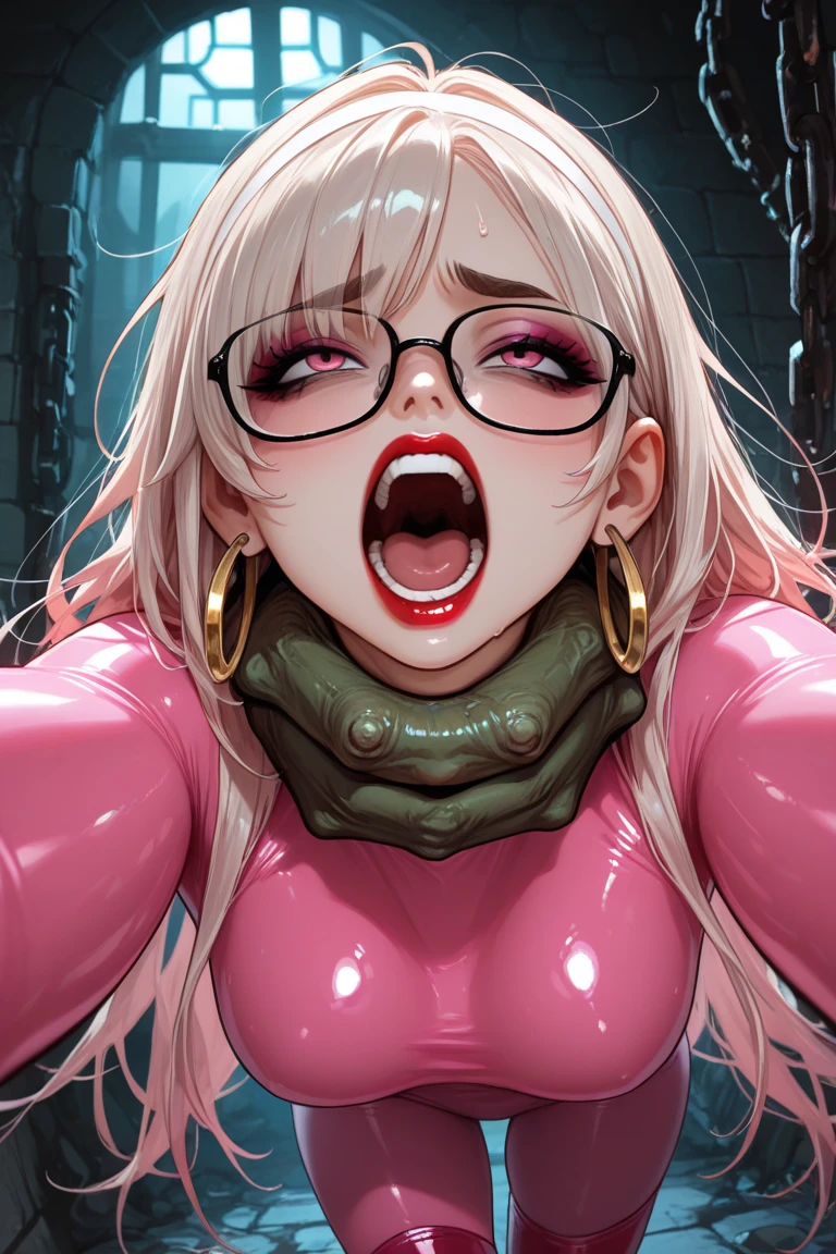 Sexy blonde pale girls. Collar tied to chair. (perfect quality) (Latex suit. (oily skin) ) vibrator . Thick collar. . Latex suit BDSM slave. . Blindfolded. . Saliva dropping. Arm-binder. Ring gag.