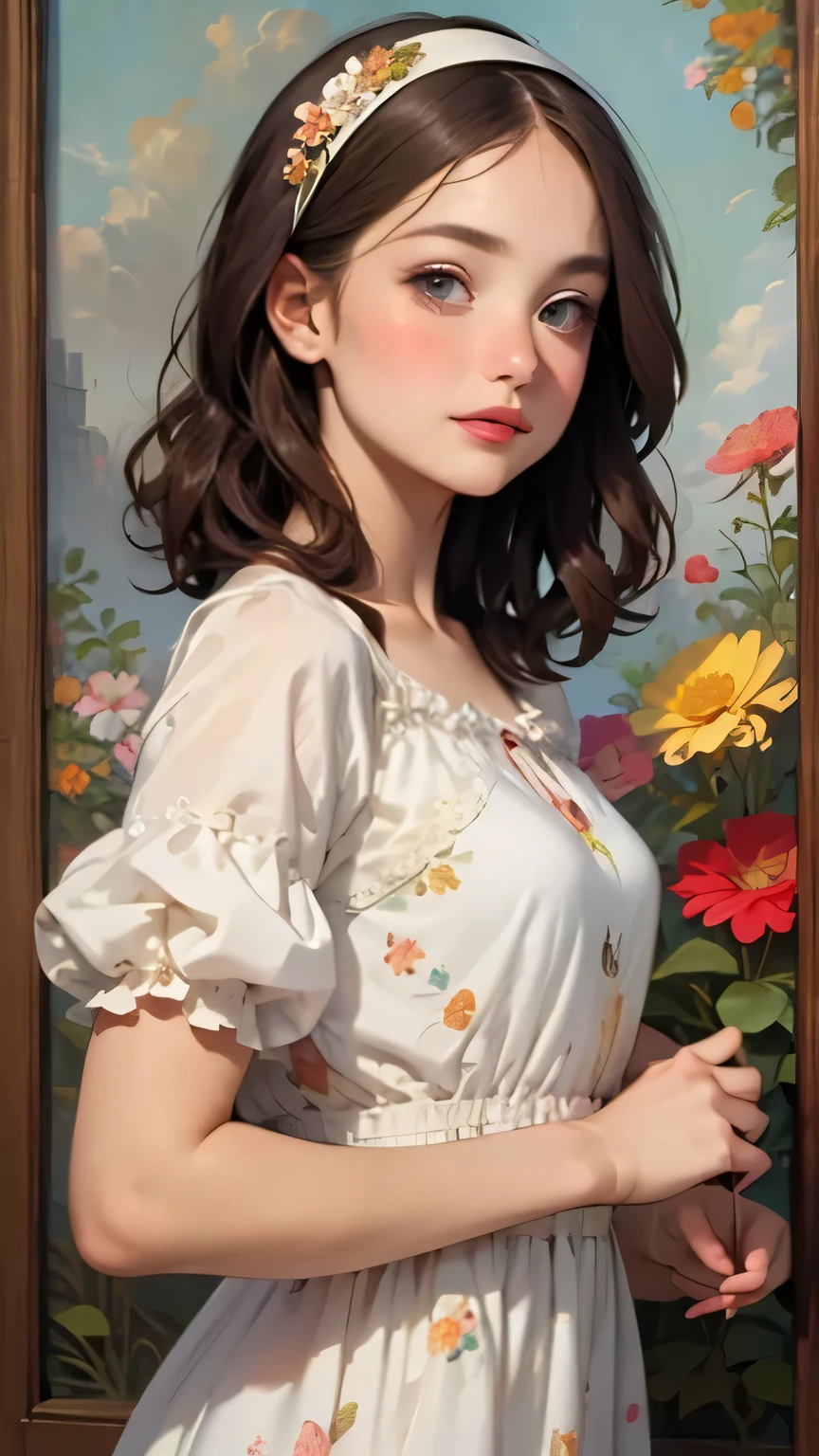 395 ((young woman)),(short hair),(Neat hair),(Ultra High Definition),(floral dress),(Leonardo da Vinci style paintings)
