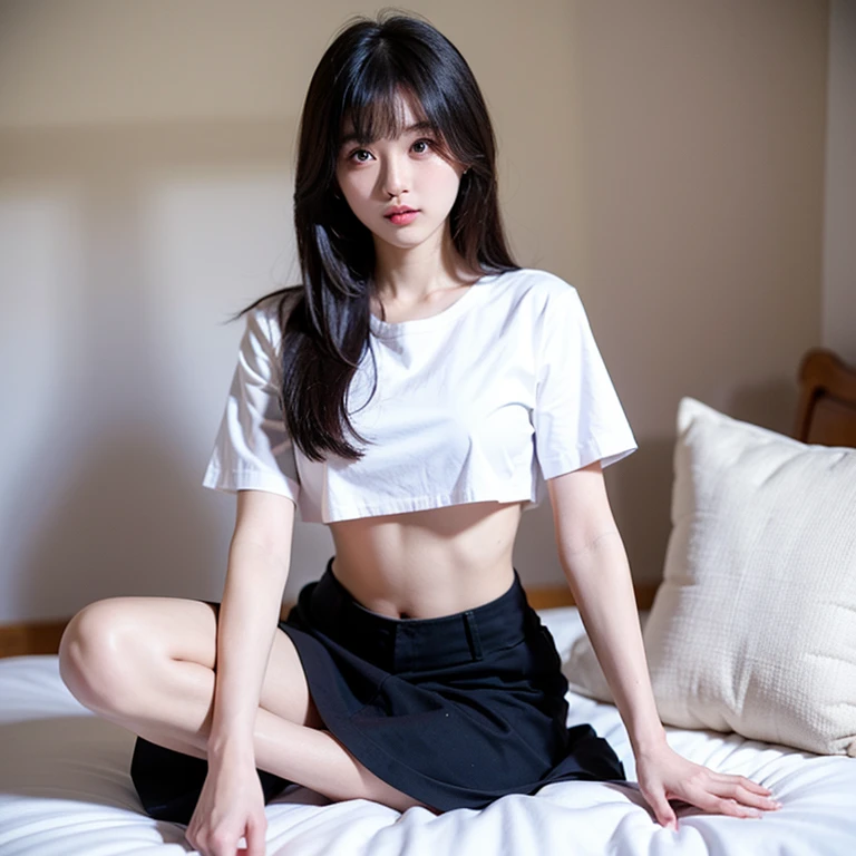 Photo Real、photoRealstic　hairstyle on(A dark-haired、Pure black hair、Straight hair、Pattsun bangs、Wide tactile sensations、with a edgHimeCut hairstyle、Princess cut hairstyle、Himecut、Tie the back of the head)   Narrow-eyed、Very narrowed eyes、Red eyeshadow、drooing eyes、Squint and smile、Plump cheeks、with round face、cute little、Puffy cheeks　Revealing clothing、Flashy clothes、Pretty clothes、Beautiful skin、skinny  body、Very soft thighs、a short skirt、Black skirt、White panties　hi-school girl、sixteen years old、full body Esbian、Boldly crouching pose