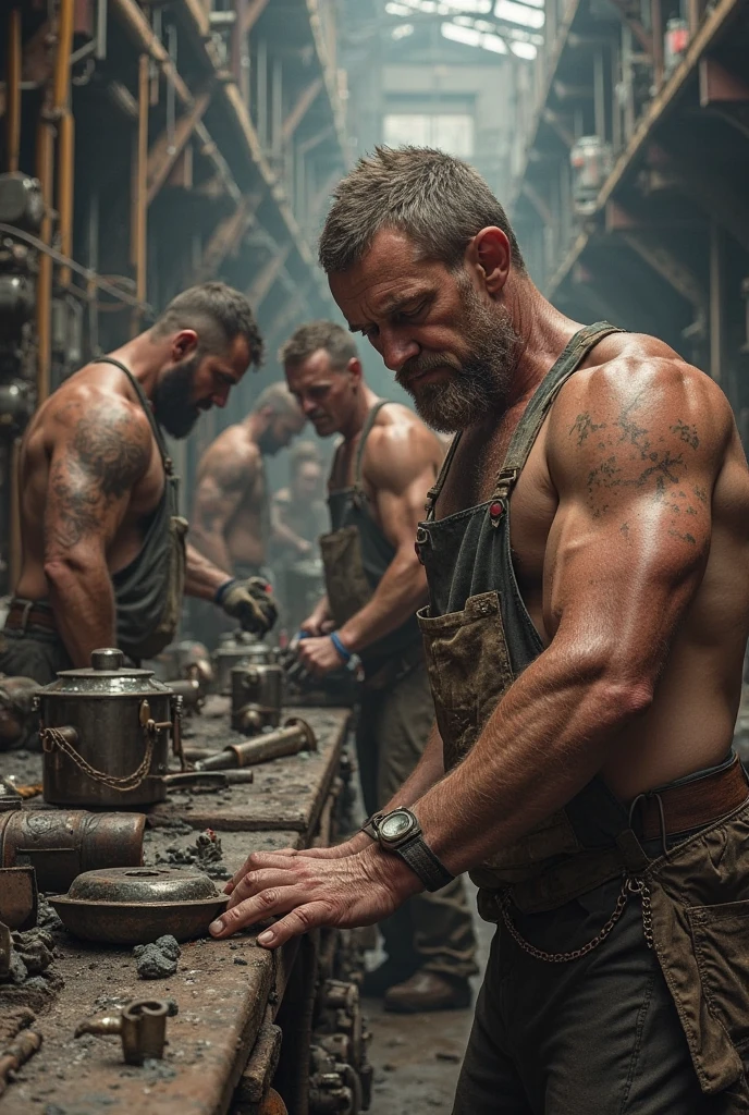 A place where dark-skinned muscular men work incinerating old things in a factory they burn old things