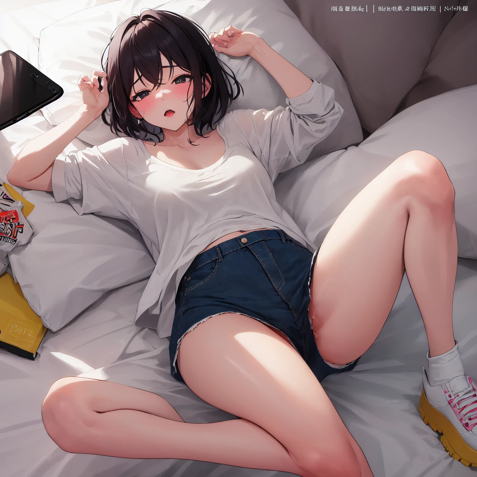 masuter piece、top-quality、masutepiece、girl sleeping on tatami、２０Year old girl、Lying on tatami mats、Eyes closed、bad sleep stages、((one girls))、Plain clothe、(short-hair)、 (Denim skirt)、a miniskirt、Full body shot,((up skirt))、(((I can see panties:1.3)))、(White panties with a pattern)、((Realistic panties))、(((Ultra-detailed panties)))、The clothes are fluffy、Realistic legs、Wearing socks