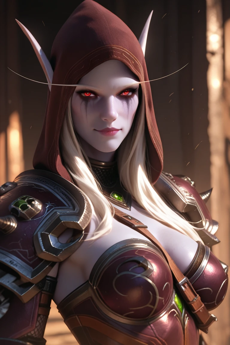 score_9, score_8_above, xsylvanasx, white hair, long hair, red eyes, elf, pointy ears, runny makeup, undead, 1girl, with hood, medium breasts, top with very very short neckline showing most majority of the breasts, very tiny and tight top, round big ass, tiny and very tight clothes, hot, sexy, looking at the viewer, focus on breasts, upper body photo, flushed, horny face
