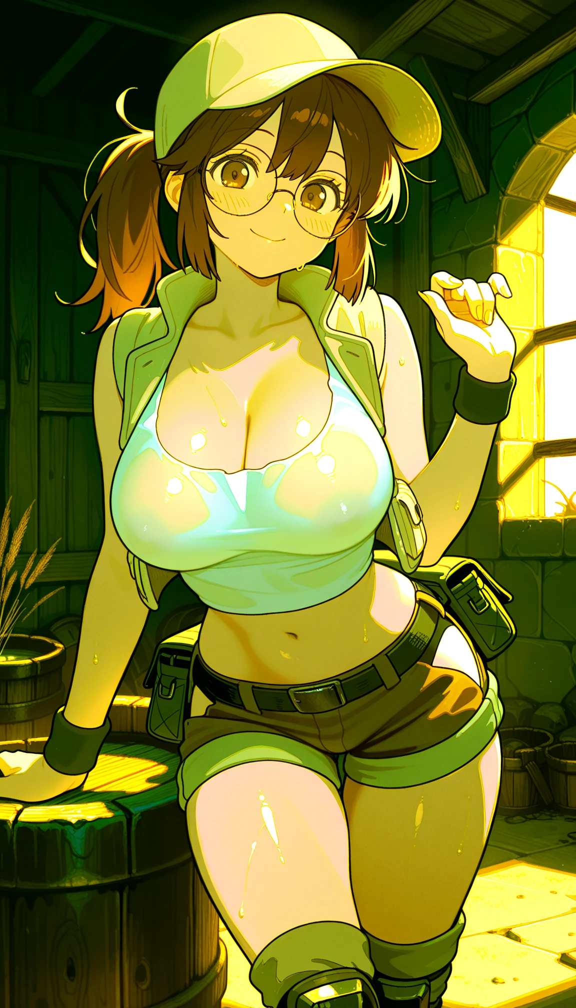 ((Best Quality, 8K, masutepiece: 1.3)), Sharp Focus: 1.2, A beautiful woman with perfect body: 1.4, Slim abdomen: 1.2, ((Layered Haircut, Large breasts: 1.2)), (No bra) (Small and beautiful hard nipple), (White shirt wet by rain), (Rain, mountainscape: 1.2), Wet body: 1.1, Highly detailed facial and skin texture, Detailed eyes, 二重まぶた, A sexy, Exposed shoulders, cleavage,Duck sitting,mischievous