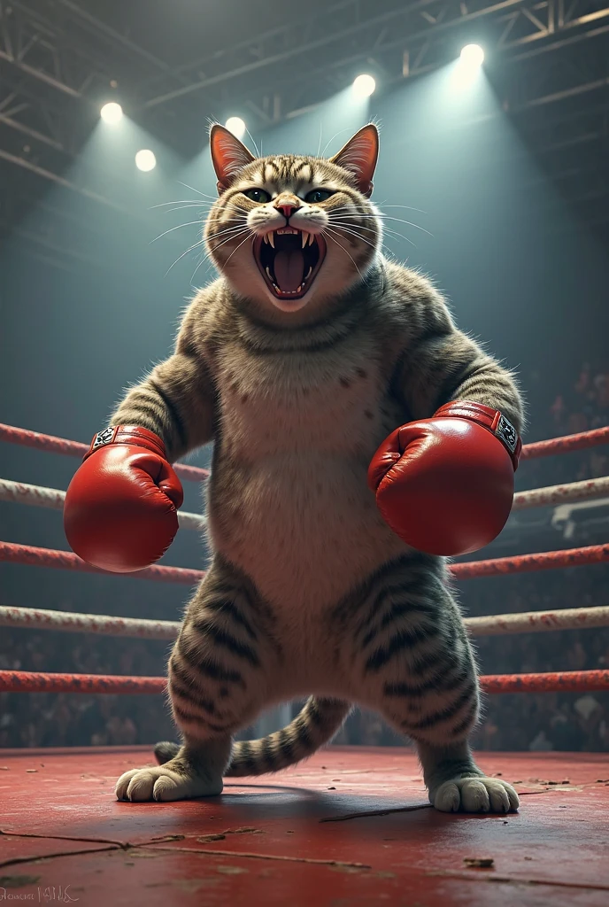 illustration of a cat that's a MMA fighter, with gloves on, in an octogon fighting ring, in a fighting pose, photorealistic, high quality, high detail, sharp focus, <lora:wowifierXL:0.1>