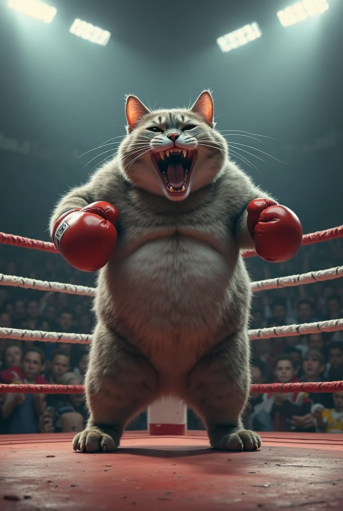 Let there be a very muscular white cat in the boxing ring with boxing gloves in his hands 8k