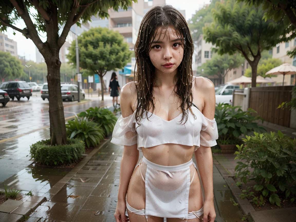 indonesian high school girl, transparent clothes, school uniform, wet clothes, medium hair, skinny, 18 years old, drenched